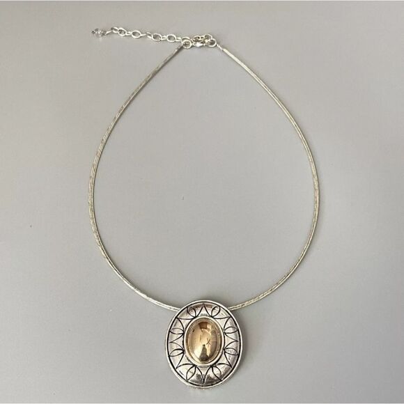 Napier Jewelry - VTG NAPIER Cable Wire Choker Necklace Gold & Silver Tone Oval Pendant 16”+3” Ex